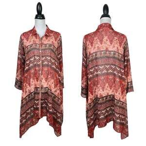Uncle Frank Red Mixed Print Sheer Chiffon Button Down Asymmetrical Tunic Dress